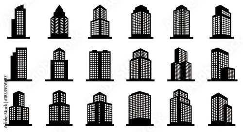 A diverse collection of modern architectural building silhouettes, including potential hospital structures, presented as scalable vector icons for design projects.