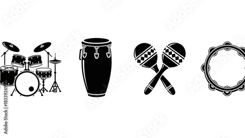Musical Instruments Vector Silhouette Collection Featuring Drums, Conga, Maracas and Tambourine