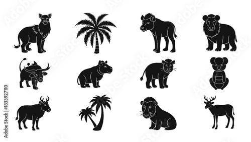 Silhouette collection of safari animals and palm trees for logo design and graphics