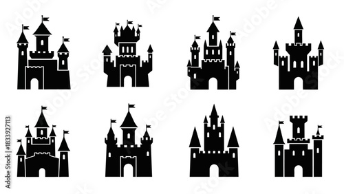 Set of creative monochrome castle icons, fantasy medieval kingdom structures isolated collection