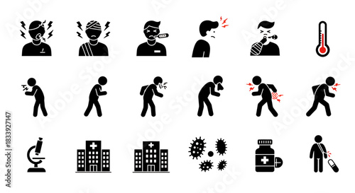This vector image showcases a collection of medical and health-related icons, including symptoms, treatments, and hospital buildings, presented in a clean, modern style.
