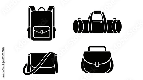 Silhouette Illustration of Various Bag Types for Travel, Work, and Leisure, Including Backpacks