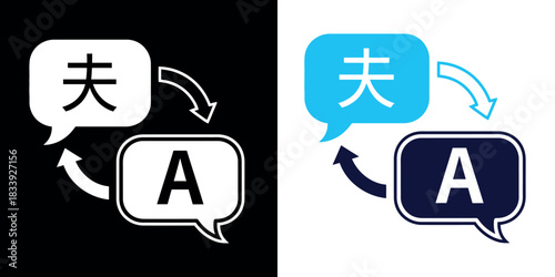 Two flat vector icons for language translation isolated on black & white background