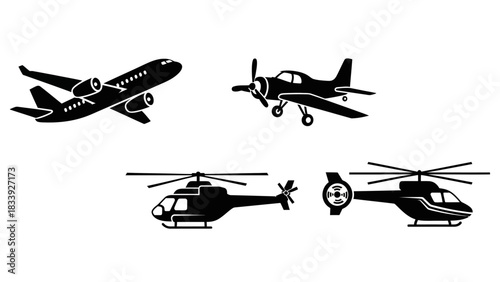 Silhouette illustration of aircraft, featuring a jet plane, propeller plane, and helicopter icons