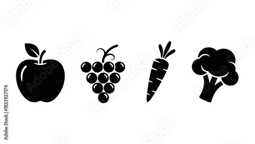 Silhouette of healthy food consisting of apple, grapes, carrot, and broccoli symbol vector