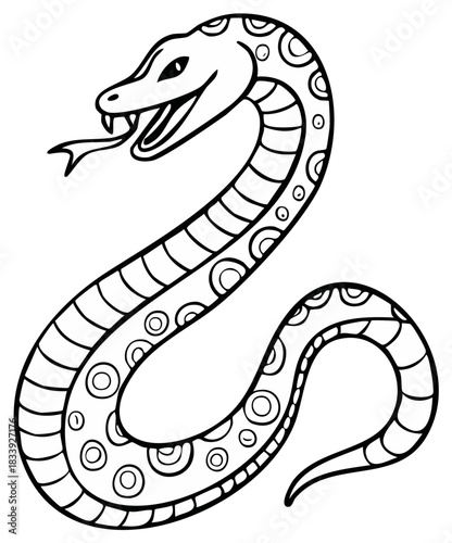 Black and white outline drawing of a whimsical snake with decorative patterns and extended tongue for coloring