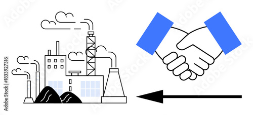 Business agreement. Industrial facility next to a handshake collaboration and partnerships in industrial operations. Business agreement fosters industrial growth, teamwork, and negotiations
