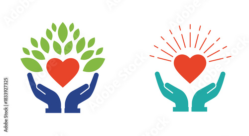 Two vibrant vector illustrations depict caring hands gently cradling a heart, symbolizing health, love, and compassionate support for well-being.