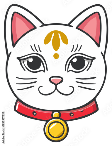 Charming Maneki Neko lucky cat illustration with golden details and red collar