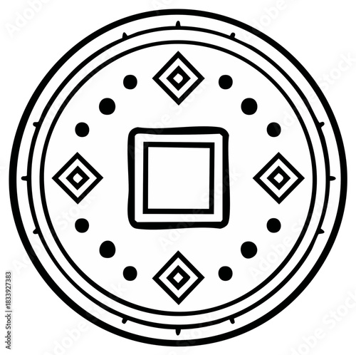 Outlined Chinese Coin with Square Hole Amulet Illustration for Wealth and Prosperity Symbol