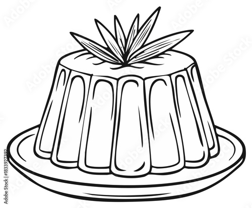 Dessert Illustration: Hand-Drawn Pudding with Topping on a Plate, Graphic Black and White Outline
