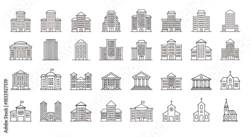 A versatile collection of minimalist outline vector icons depicting various architectural structures, such as government buildings, banks, and churches.