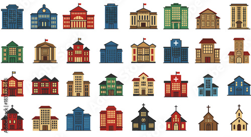 A comprehensive collection of diverse flat design vector building icons, including hospitals, schools, and offices, perfect for web and app development.