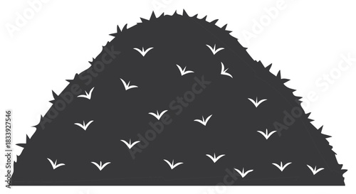 Graphic illustration of small white birds flying over a dark textured abstract conical shape