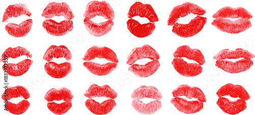 Set of red lipstick kiss marks in various shapes and textures. Realistic lip prints perfect for Valentine’s Day designs, romance themes, stickers and decorative elements
