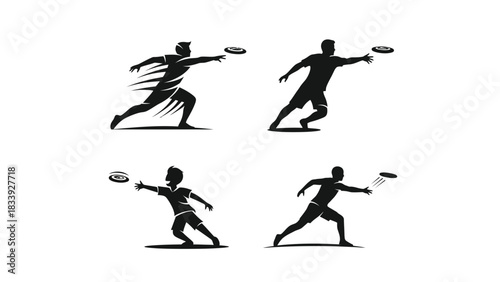 Dynamic black silhouettes of frisbee players in various action poses, showcasing sport and active lifestyle