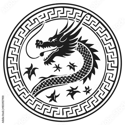 Powerful black mythological dragon symbol in traditional circular oriental frame