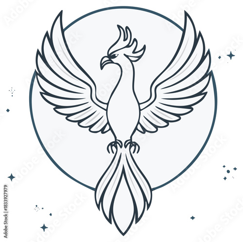 Majestic phoenix mythological bird with spread wings, simple line art vector emblem
