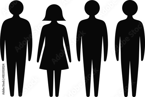 Expanded Black Silhouette Icons Vector Set: Minimalist Figures of Men and a Woman, Ideal for Public Signs, Gender Representation, or Demographic Data Graphics.