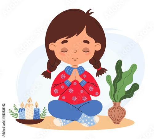 Cute Girl Meditating. Adorable Child Female Character with braids hairstyle sitting in asana with folded hands in winter sweater next to candles and vase with plant. Vector illustration. Not AI