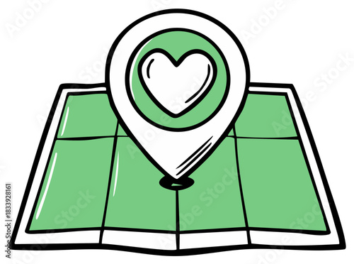 Illustrated green map with a heart shaped location pin icon symbolizing love travel and favorite places
