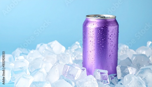 “A purple aluminum beverage can with condensation nestled in ice cubes against a light blue gradient background.”