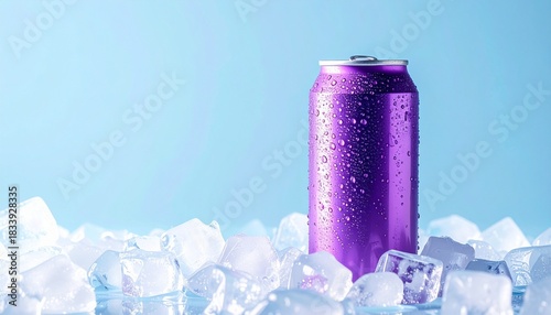 “A purple aluminum beverage can with condensation nestled in ice cubes against a light blue gradient background.”