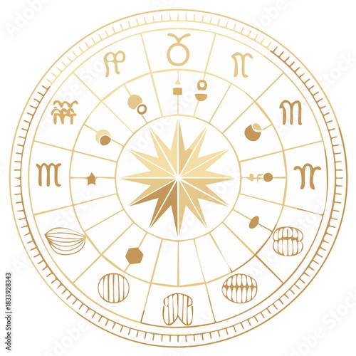Golden Zodiac Circle with Astrological Symbols and Ornate Details in Minimalist Design