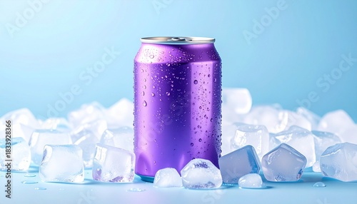 “A purple aluminum beverage can with condensation nestled in ice cubes against a light blue gradient background.”
