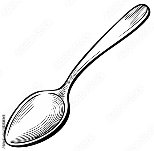 Black and white illustration of a single spoon with etched details on its surface