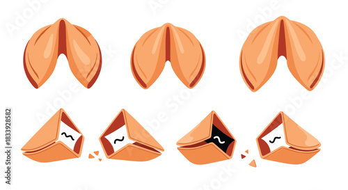 Set of classic fortune cookies, shown both intact and broken open to reveal positive and negative messages inside.