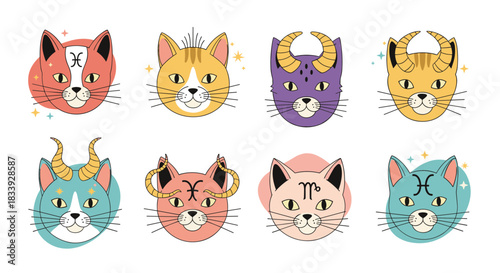 Zodiac signs reimagined as a colorful collection of cute and whimsical cat faces, each with unique astrological symbols.