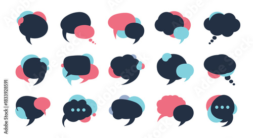 Collection of colorful and overlapping speech bubbles in various shapes, ideal for representing communication, dialogue, and social media.