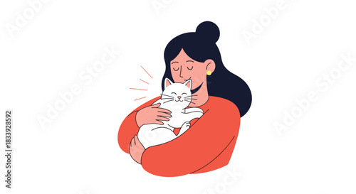Affectionate woman with her eyes closed, happily hugging a cute white cat that is purring with contentment.