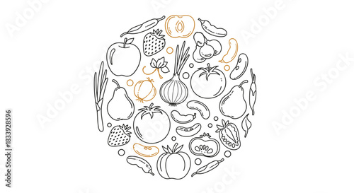 Circular composition of hand-drawn fruits and vegetables in a doodle style, promoting a healthy and organic food lifestyle.