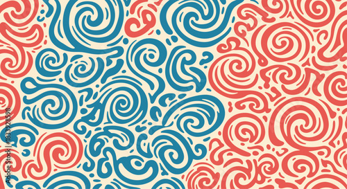 Vibrant and seamless abstract pattern with intricate blue and red swirls, curls, and spirals on a light cream background.