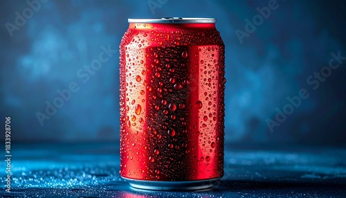 “A red aluminum beverage can with condensation against a blue gradient background.”