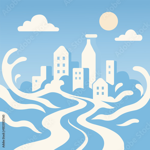Stylized modern city with a river of milk winding through buildings and hills. Calm, imaginative artwork with smooth shapes, blue tones and a whimsical, contemporary illustration style.