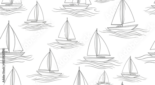 Seamless black and white background pattern featuring minimalist line art sailboats gracefully navigating wavy ocean water.