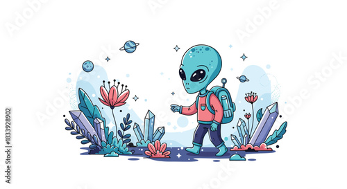 A cute cartoon alien explorer with a backpack walks through a fantastical landscape of glowing crystals and alien flowers.