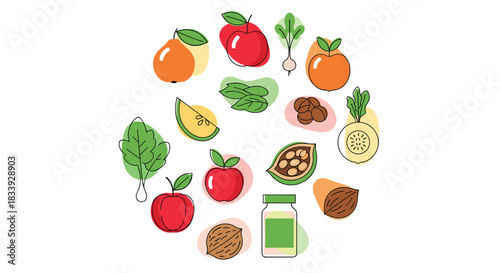 A circular composition of healthy foods including apples, pears, nuts, and leafy greens arranged in a colorful line art style.