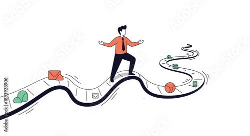 A conceptual illustration of a businessman walking along a winding career path marked with various business and life goal icons.