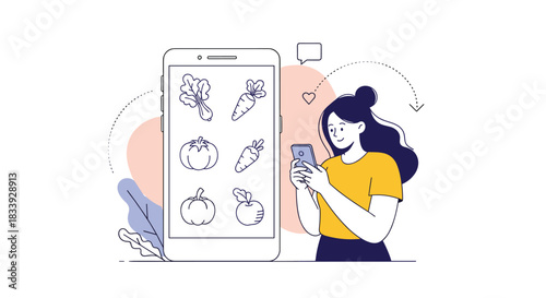 A modern line art illustration of a woman using her smartphone to order fresh vegetables from an online grocery store app.