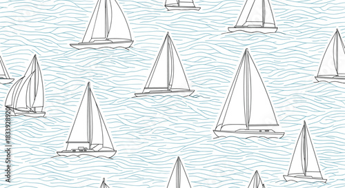 A serene seamless nautical pattern of minimalist line art sailboats sailing on a sea of gentle, light blue hand-drawn waves.