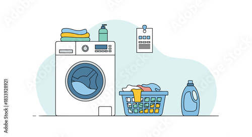 A minimalist line art illustration of a modern laundry room with a washing machine, a basket of clothes, and detergent supplies.