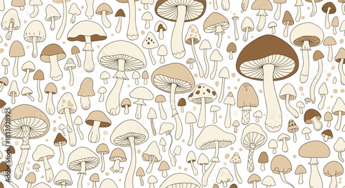 A seamless and charming background pattern of various hand-drawn forest mushrooms in neutral beige and brown earth-tone colors.
