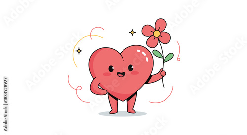 A cute and cheerful cartoon heart character with a happy face and legs, standing and holding a single pink flower with a smile.