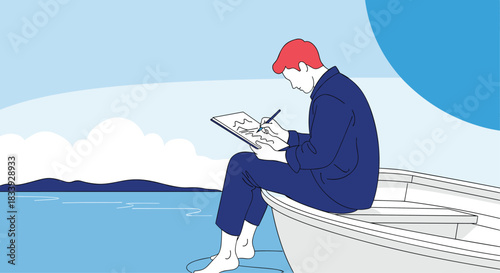 A minimalist line art illustration of a man sitting on the edge of a boat on the water, drawing in his sketchbook for relaxation.