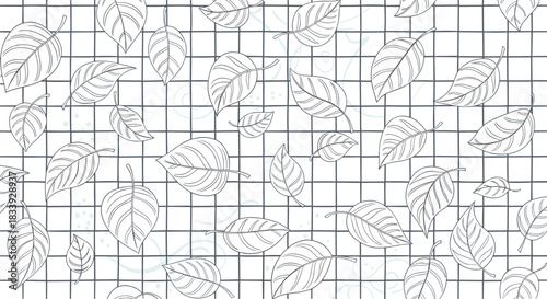 A simple seamless black and white pattern of hand-drawn leaves scattered across a clean, minimalist grid background for design.