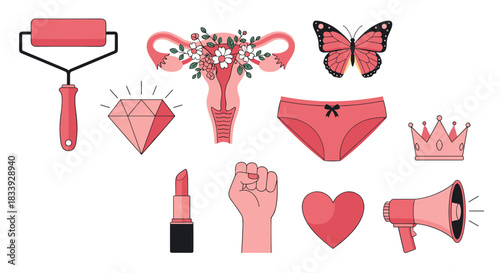 A collection of pink icons symbolizing feminism and female empowerment, including a uterus, raised fist, and lipstick on white.